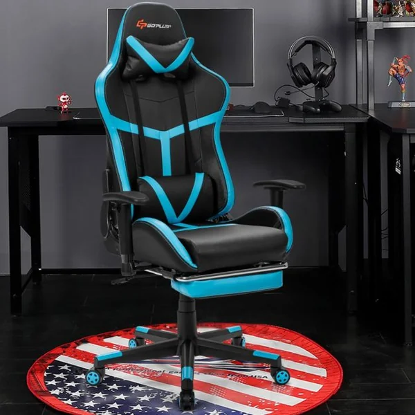 Fauteuil Gamer Inclinable en Similicuir Repose Pieds Coussin Lombaire Appui-tête, Accoudoir Pivotante Ergonomique Bleu