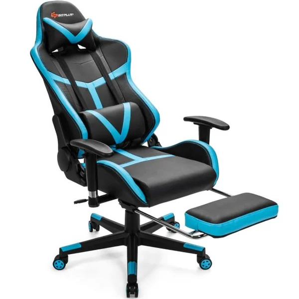 Fauteuil Gamer Inclinable en Similicuir Repose Pieds Coussin Lombaire Appui-tête, Accoudoir Pivotante Ergonomique Bleu