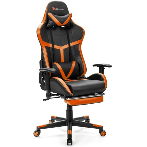 Fauteuil Gamer Inclinable en Similicuir Repose Pieds Coussin Lombaire Appui-tête, Accoudoir Pivotante Ergonomique Jaune