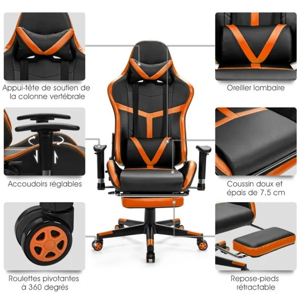 Fauteuil Gamer Inclinable en Similicuir Repose Pieds Coussin Lombaire Appui-tête, Accoudoir Pivotante Ergonomique Jaune