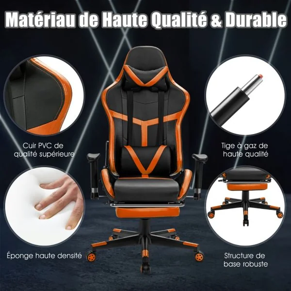 Fauteuil Gamer Inclinable en Similicuir Repose Pieds Coussin Lombaire Appui-tête, Accoudoir Pivotante Ergonomique Jaune