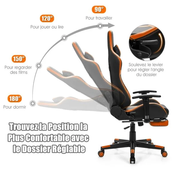 Fauteuil Gamer Inclinable en Similicuir Repose Pieds Coussin Lombaire Appui-tête, Accoudoir Pivotante Ergonomique Jaune