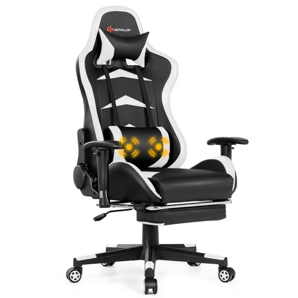 Fauteuil Gamer Pivotante Incliable Coussin Lombaire Appui-tête Repose pieds PU Hauteur et Dossier Réglable Blanc