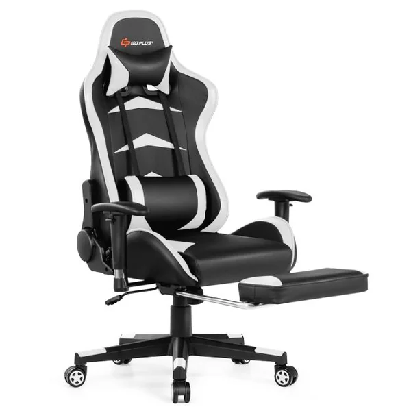 Fauteuil Gamer Pivotante Incliable Coussin Lombaire Appui-tête Repose pieds PU Hauteur et Dossier Réglable Blanc