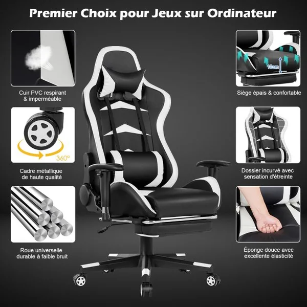Fauteuil Gamer Pivotante Incliable Coussin Lombaire Appui-tête Repose pieds PU Hauteur et Dossier Réglable Blanc