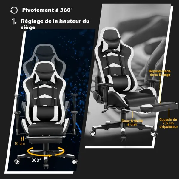 Fauteuil Gamer Pivotante Incliable Coussin Lombaire Appui-tête Repose pieds PU Hauteur et Dossier Réglable Blanc
