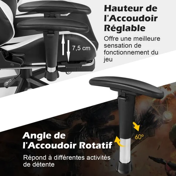 Fauteuil Gamer Pivotante Incliable Coussin Lombaire Appui-tête Repose pieds PU Hauteur et Dossier Réglable Blanc