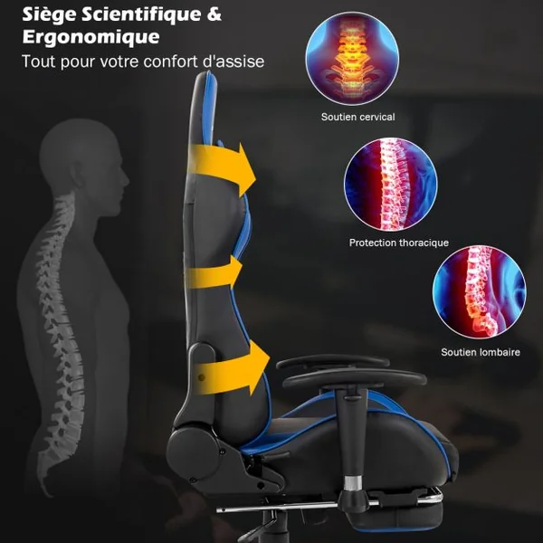 Fauteuil Gamer Pivotante Incliable Coussin Lombaire Appui-tête Repose pieds PU Hauteur et Dossier Réglable Bleu