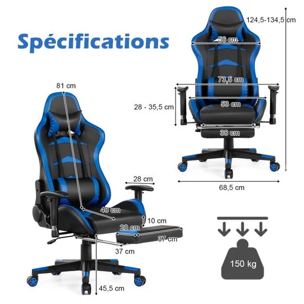 Fauteuil Gamer Pivotante Incliable Coussin Lombaire Appui-tête Repose pieds PU Hauteur et Dossier Réglable Bleu