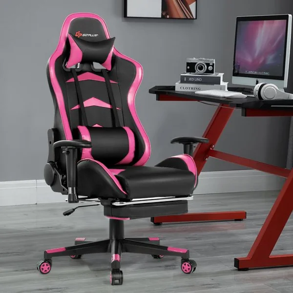 Fauteuil Gamer Pivotante Incliable Coussin Lombaire Appui-tête Repose pieds PU Hauteur et Dossier Réglable Rose