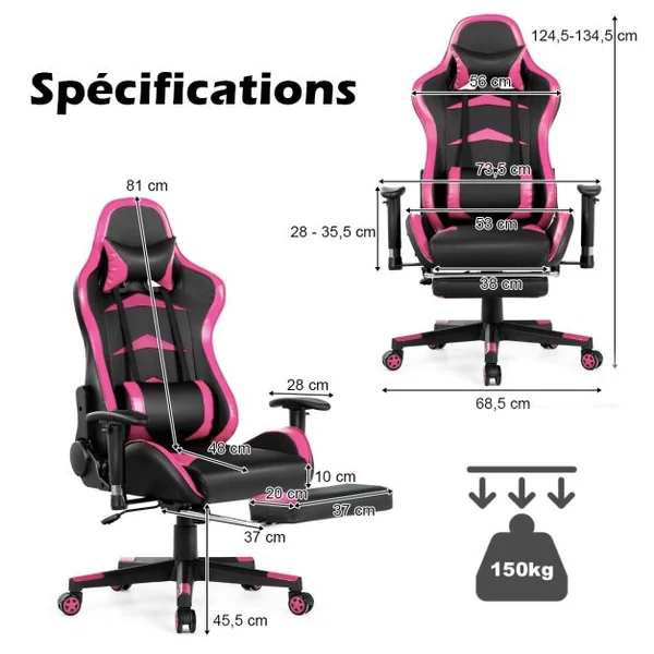 Fauteuil Gamer Pivotante Incliable Coussin Lombaire Appui-tête Repose pieds PU Hauteur et Dossier Réglable Rose