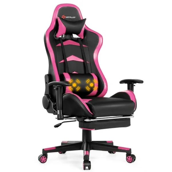 Fauteuil Gamer Pivotante Incliable Coussin Lombaire Appui-tête Repose pieds PU Hauteur et Dossier Réglable Rose