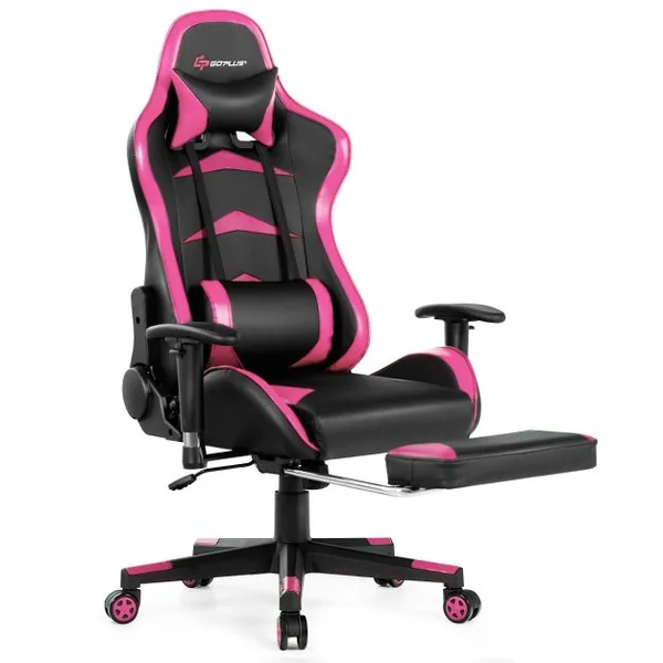 Fauteuil Gamer Pivotante Incliable Coussin Lombaire Appui-tête Repose pieds PU Hauteur et Dossier Réglable Rose