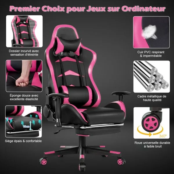 Fauteuil Gamer Pivotante Incliable Coussin Lombaire Appui-tête Repose pieds PU Hauteur et Dossier Réglable Rose