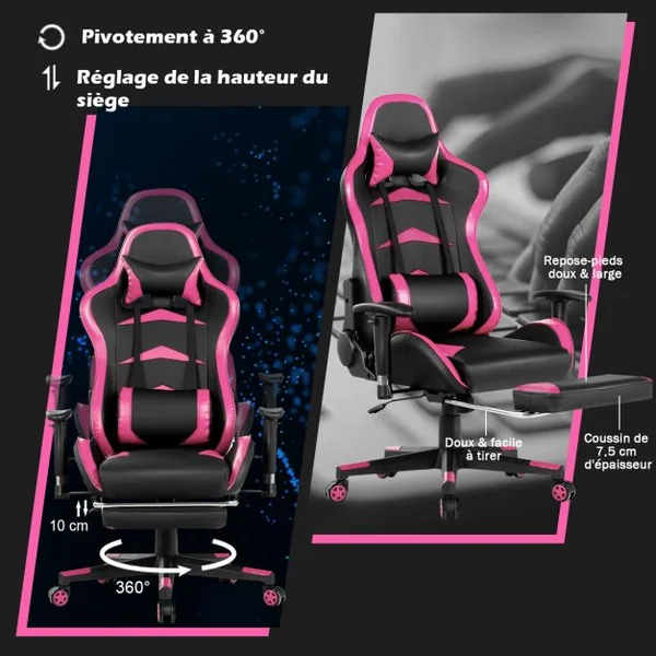 Fauteuil Gamer Pivotante Incliable Coussin Lombaire Appui-tête Repose pieds PU Hauteur et Dossier Réglable Rose