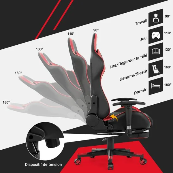 Fauteuil Gamer Pivotante Incliable Coussin Lombaire Appui-tête Repose pieds PU Hauteur et Dossier Réglable Rouge