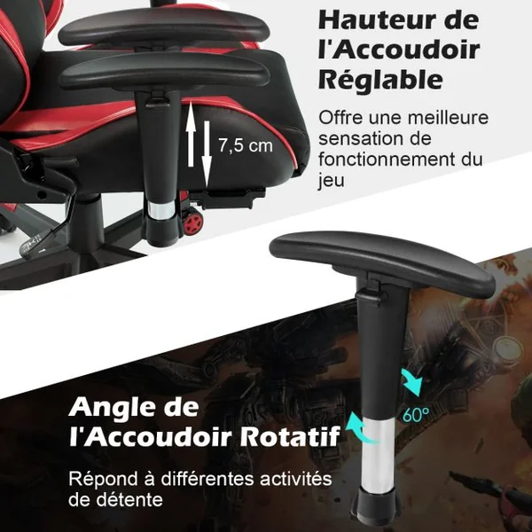 Fauteuil Gamer Pivotante Incliable Coussin Lombaire Appui-tête Repose pieds PU Hauteur et Dossier Réglable Rouge