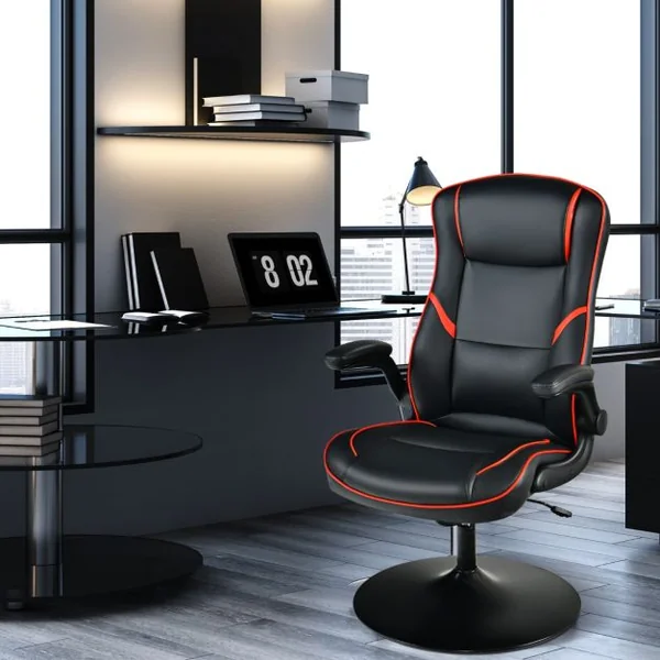 Fauteuil Gamer à Bascule Réglable en Hauteur en Similicuir Accoudoirs Rabattables pour Les Jeux et Le Travail Rouge