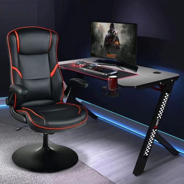 Fauteuil Gamer à Bascule Réglable en Hauteur en Similicuir Accoudoirs Rabattables pour Les Jeux et Le Travail Rouge