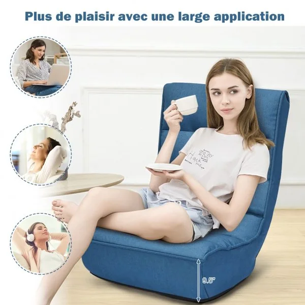 Fauteuil Inclinable Rembourré Dossier Inclinable à 4 Positions en Acier et Eponge à Haute Densité 61x66x79cm Bleu