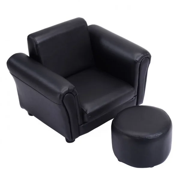 Fauteuil pour enfant avec accoudoirs et Pouf/tabouret rond, hauteur siège 18 cm, en PVC, 56 x 42 x 41 cm, Noir