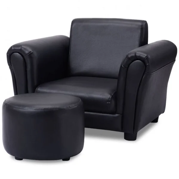 Fauteuil pour enfant avec accoudoirs et Pouf/tabouret rond, hauteur siège 18 cm, en PVC, 56 x 42 x 41 cm, Noir