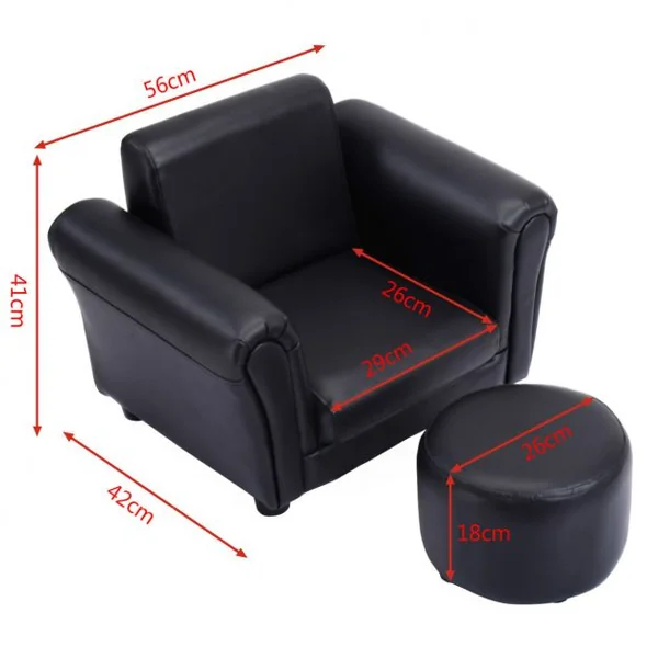 Fauteuil pour enfant avec accoudoirs et Pouf/tabouret rond, hauteur siège 18 cm, en PVC, 56 x 42 x 41 cm, Noir