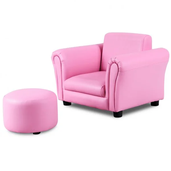 Fauteuil pour enfant avec accoudoirs et Pouf/tabouret rond, hauteur siège 18 cm, en PVC, 56 x 42 x 41 cm, Rose