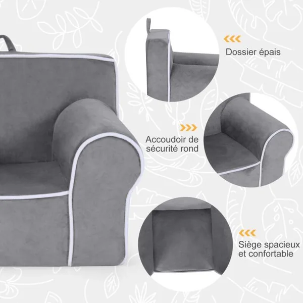 Fauteuil pour Enfant de 0 à 5 ans Rembourré avec Tissu en Velours et Éponge de Haute Qualité Chaise pour Salle de Jeux Chambre Jardin d'Enfants Gris