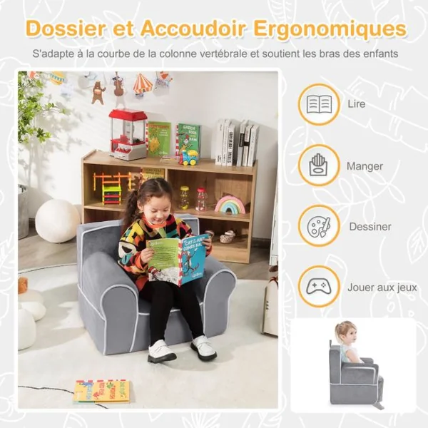 Fauteuil pour Enfant de 0 à 5 ans Rembourré avec Tissu en Velours et Éponge de Haute Qualité Chaise pour Salle de Jeux Chambre Jardin d'Enfants Gris