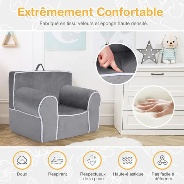 Fauteuil pour Enfant de 0 à 5 ans Rembourré avec Tissu en Velours et Éponge de Haute Qualité Chaise pour Salle de Jeux Chambre Jardin d'Enfants Gris