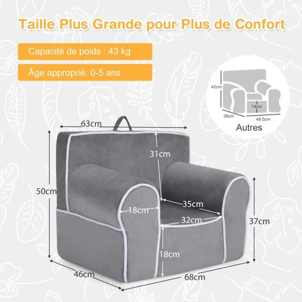 Fauteuil pour Enfant de 0 à 5 ans Rembourré avec Tissu en Velours et Éponge de Haute Qualité Chaise pour Salle de Jeux Chambre Jardin d'Enfants Gris