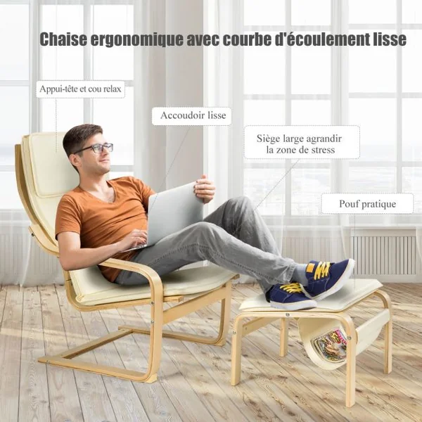 Fauteuil Relax Inclinable avec Repose-pied Style Contemporain et Design Ergonomique Beige