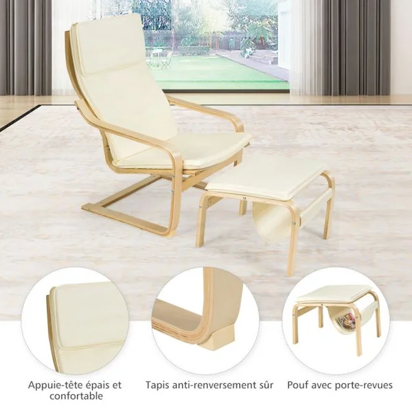 Fauteuil Relax Inclinable avec Repose-pied Style Contemporain et Design Ergonomique Beige