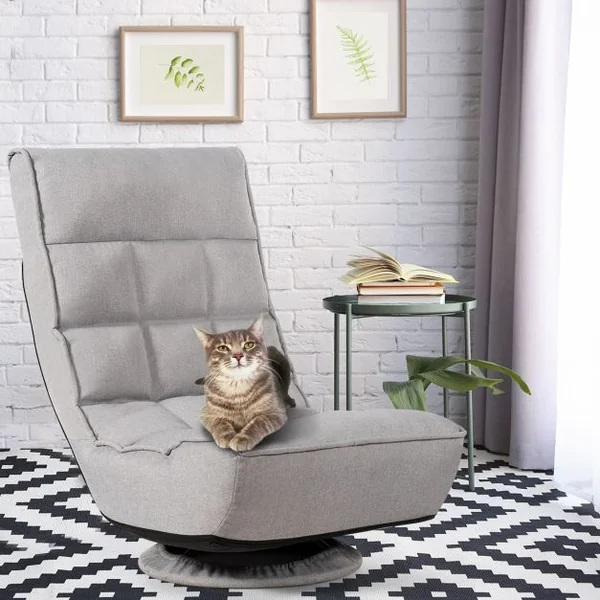 Fauteuil Relax Pivotant à 360° Rembourré Eponge Haute Densité Inclinable 4 Positions en Lin et Acier 60x66x88cm Gris