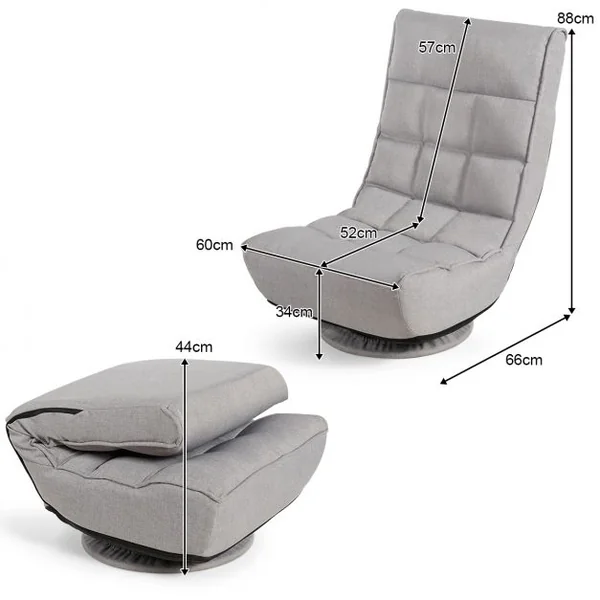 Fauteuil Relax Pivotant à 360° Rembourré Eponge Haute Densité Inclinable 4 Positions en Lin et Acier 60x66x88cm Gris