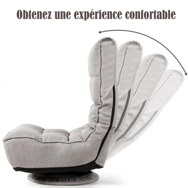 Fauteuil Relax Pivotant à 360° Rembourré Eponge Haute Densité Inclinable 4 Positions en Lin et Acier 60x66x88cm Gris
