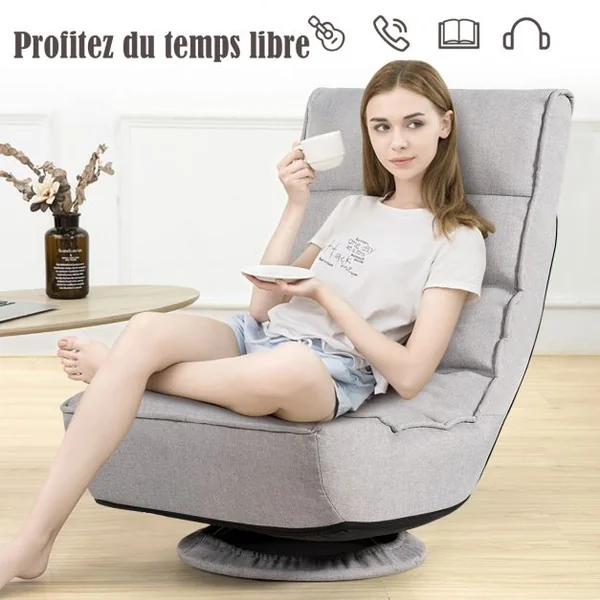 Fauteuil Relax Pivotant à 360° Rembourré Eponge Haute Densité Inclinable 4 Positions en Lin et Acier 60x66x88cm Gris