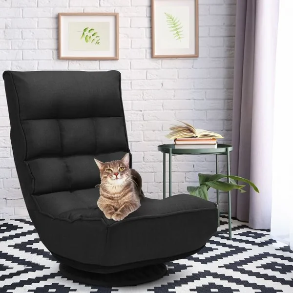 Fauteuil Relax Pivotant à 360° Rembourré Eponge Haute Densité Inclinable 4 Positions en Lin et Acier 60x66x88cm Noir