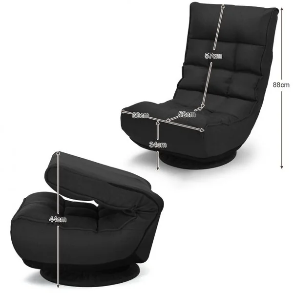 Fauteuil Relax Pivotant à 360° Rembourré Eponge Haute Densité Inclinable 4 Positions en Lin et Acier 60x66x88cm Noir