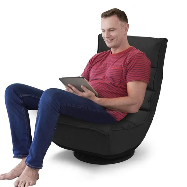 Fauteuil Relax Pivotant à 360° Rembourré Eponge Haute Densité Inclinable 4 Positions en Lin et Acier 60x66x88cm Noir