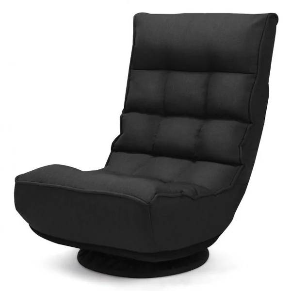 Fauteuil Relax Pivotant à 360° Rembourré Eponge Haute Densité Inclinable 4 Positions en Lin et Acier 60x66x88cm Noir