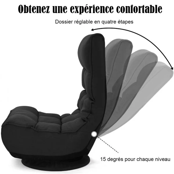 Fauteuil Relax Pivotant à 360° Rembourré Eponge Haute Densité Inclinable 4 Positions en Lin et Acier 60x66x88cm Noir