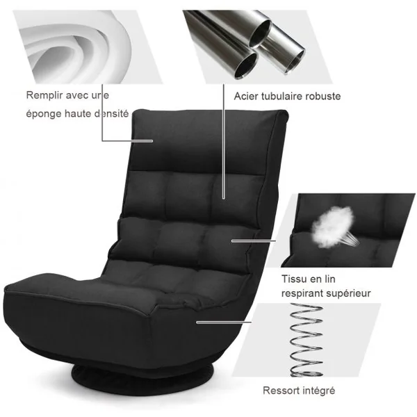 Fauteuil Relax Pivotant à 360° Rembourré Eponge Haute Densité Inclinable 4 Positions en Lin et Acier 60x66x88cm Noir