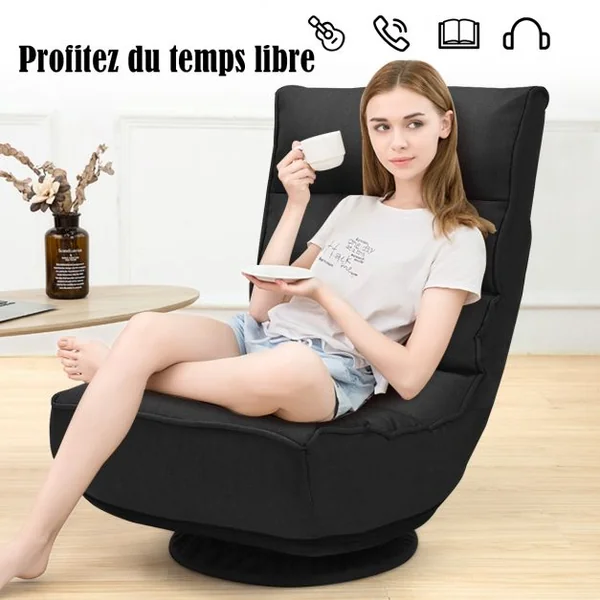 Fauteuil Relax Pivotant à 360° Rembourré Eponge Haute Densité Inclinable 4 Positions en Lin et Acier 60x66x88cm Noir