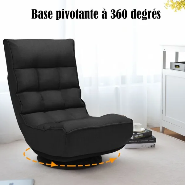 Fauteuil Relax Pivotant à 360° Rembourré Eponge Haute Densité Inclinable 4 Positions en Lin et Acier 60x66x88cm Noir