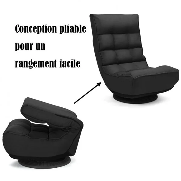Fauteuil Relax Pivotant à 360° Rembourré Eponge Haute Densité Inclinable 4 Positions en Lin et Acier 60x66x88cm Noir