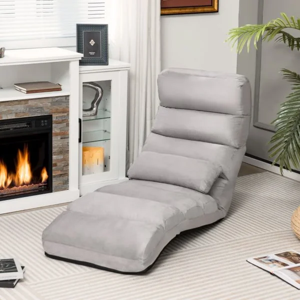 Fauteuil Relax Pliable Réglable sur 5 Positions en Faux Daim Chaise de Sol pour Salon, Mobilier de Bureau Chambre Gris