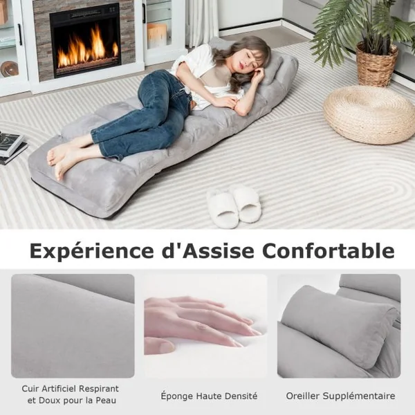 Fauteuil Relax Pliable Réglable sur 5 Positions en Faux Daim Chaise de Sol pour Salon, Mobilier de Bureau Chambre Gris