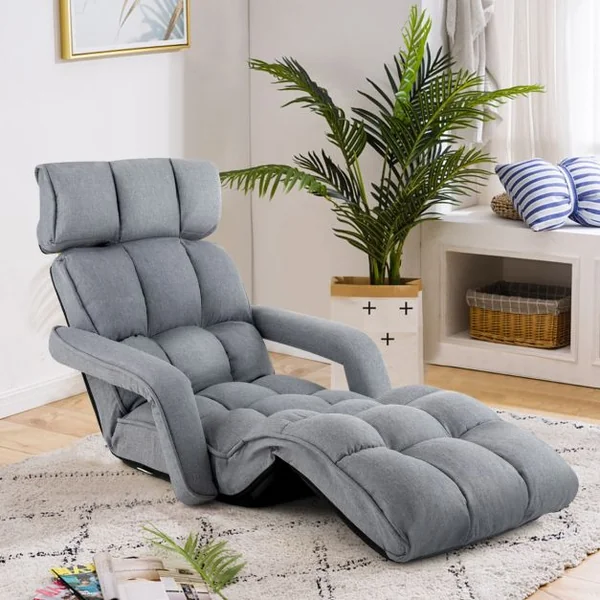 Fauteuil Relax pour Salon Chaise de Sol Méridienne Dossier Réglable à 5 Angles avec Appui-tête et Repose-pieds Gris